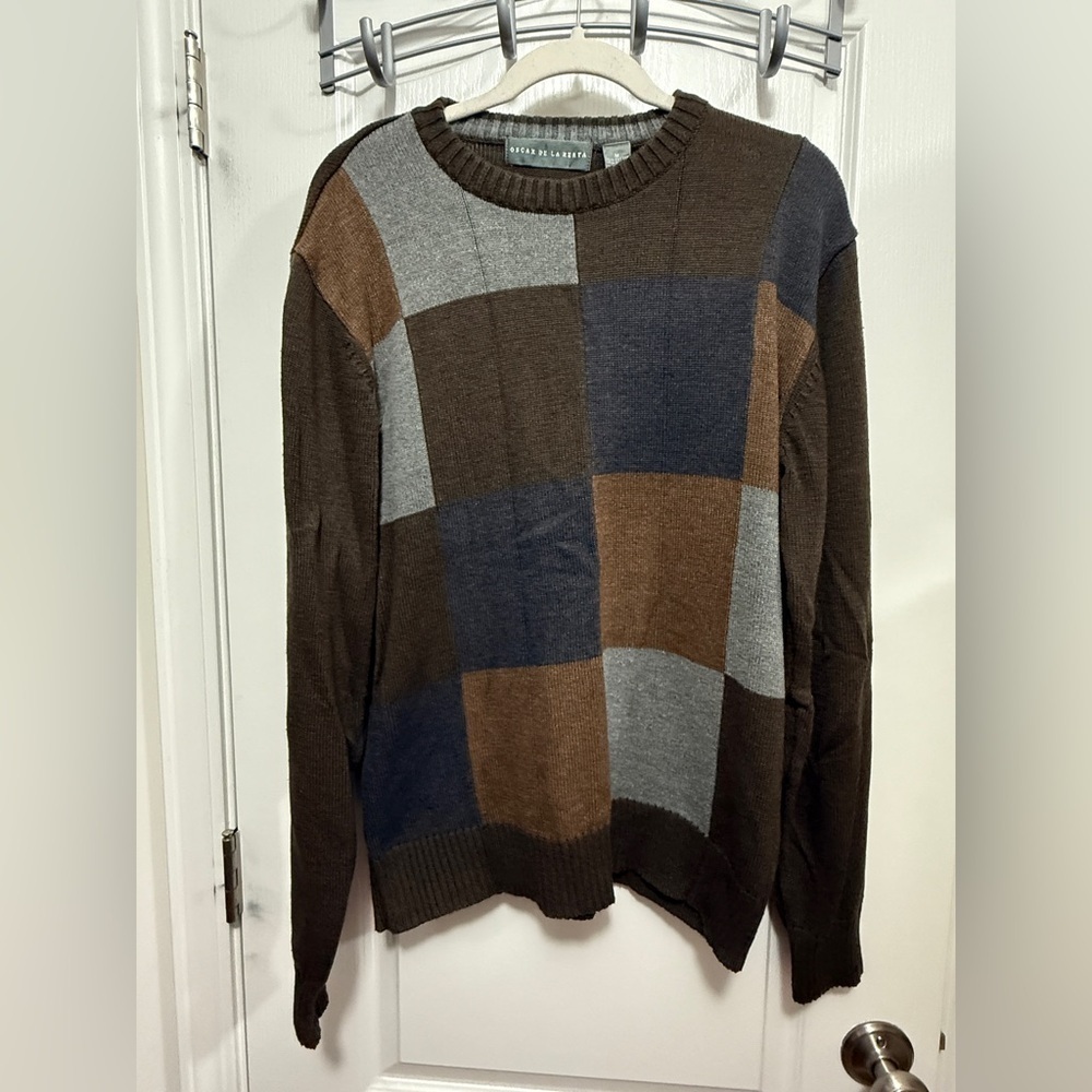 Oscar De La Renta Mens M Sweater Retro Checkered Patchwork Knit Pullover Brown